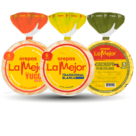 Arepas La Mejor Variety Pack Traditional White Corn, Yucca, & Venezuelan Cachapa | Authentic Colombian & Venezuelan Arepas Corn | Cassava & Sweet Corn Delights, 3-Pack