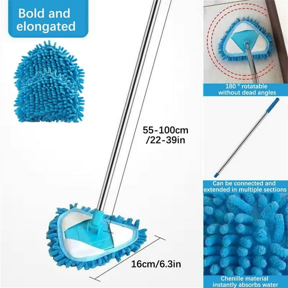 Arestory 2025 New Rotatable Triangle Cleaning Mop with 2 Mop Replacement Heads, 180 Degree Spin, Wet & Dry Microfiber Ecloth for Bathroom Floor, Wall (Blue)