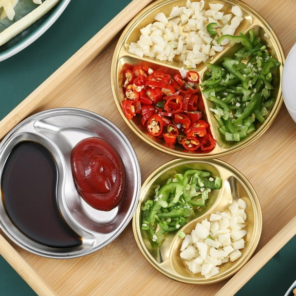 Arestory Stainless Steel Dipping Soy Sauce Dishes, 2 Compartment Round Seasoning Dipping Bowls, Appetizer Plates Serving Dish Condiment Tray for Soy Sauce, Ketchup, BBQ Sauce or Seasoning