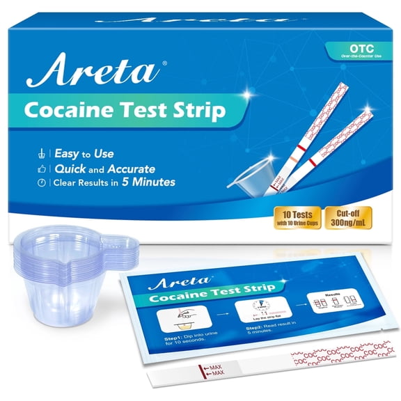 Areta Disposable 1 Panel Cocaine Urine Drug Test, with Urine Collection Cups, 20 Piece (10 Tests and 10 Cups)
