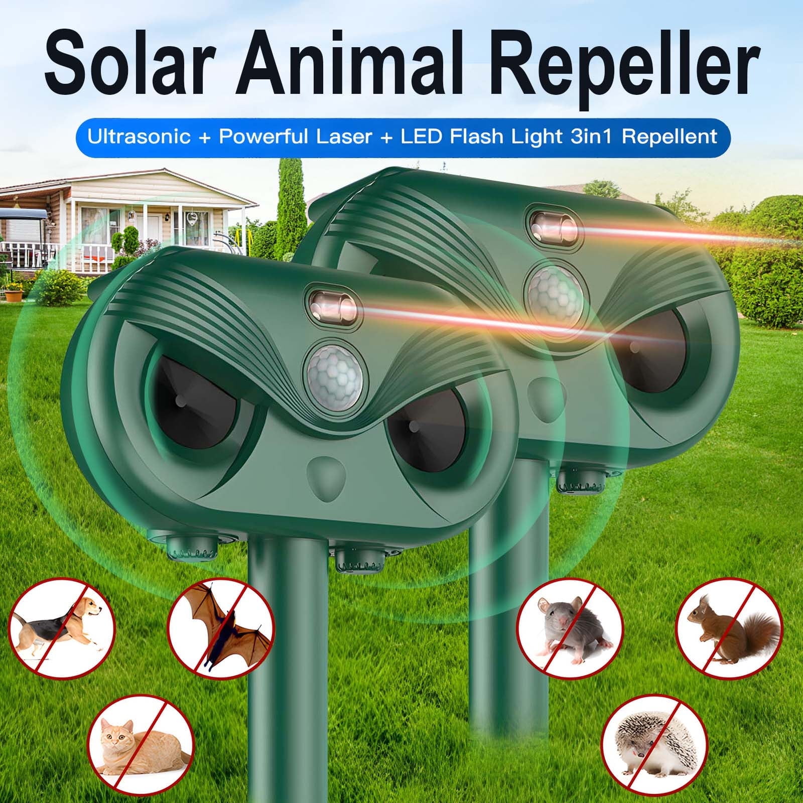 Walmart discounts of Arevtovis 2 Pack Animal Repeller, Ultrasonic, LED Light, Laser 3 in 1 Outdoor Solar Animal Repellent, 110° and 40 ft Ultra-wide Range, Suitable for More than 30+ Animals