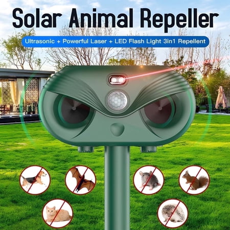 Arevtovis Animal Repeller, Ultrasonic, LED Light, Laser 3 in 1 Outdoor Solar Animal Repellent, 110° and 40 ft Ultra-wide Range, Suitable for More than 30+ Animals
