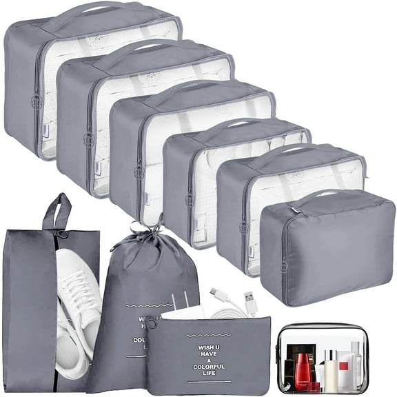 Arevtovis Packing Cubes for Travel, 10 PCS Packing Cube Set with Cosmetic Bag, Waterproof Shoes Bags, Grey