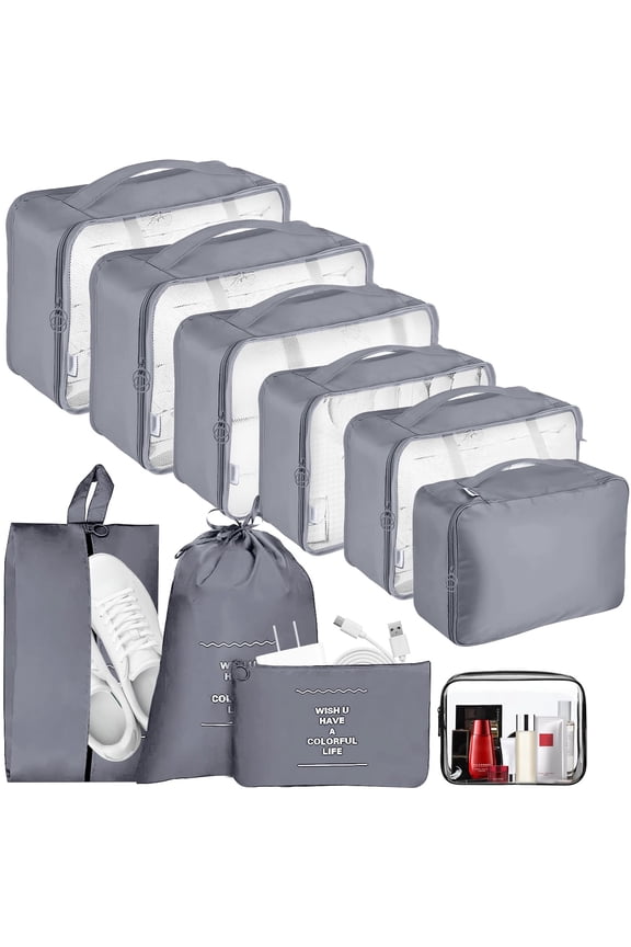 Packing Cubes for Travel, 10 PCS Packing Cube Set with Cosmetic Bag, Waterproof Shoes Bags, Grey