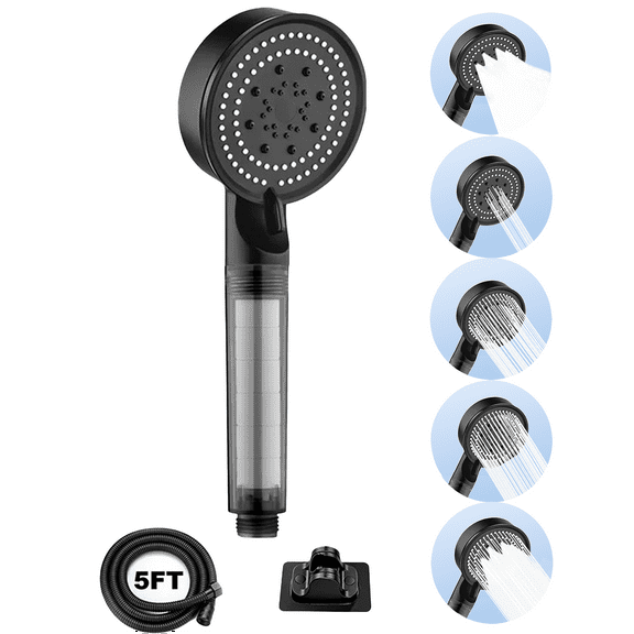 Arevtovis Shower Head, 5-Mode Massage Pulse Handheld Shower Head Set, High-Pressure Shower Head with Punch-Free Bracket and Long Hose, Easy Installation Without Tools, Black