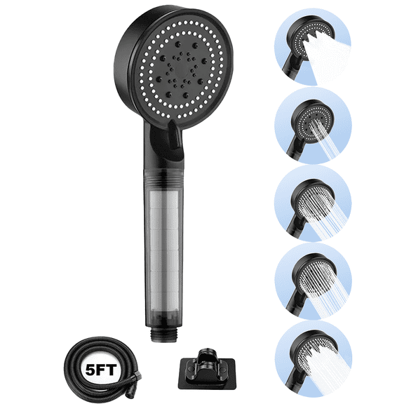 Shower Head with Handheld,5 Spray Mode Shower Head with Filters,High-Pressure Shower Head with Punch-Free Bracket and Long Hose,Easy Installation Without Tools Black
