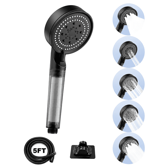 Shower Head with Handheld,5 Spray Mode Shower Head with Filters,High-Pressure Shower Head with Punch-Free Bracket and Long Hose,Easy Installation Without Tools Black