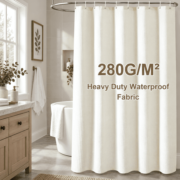 Shower Curtain with 12 Hooks, Waffle Weave Fabric Waterproof Mesh Window Bathroom Sunshade, 72"X72", Warm Yellow