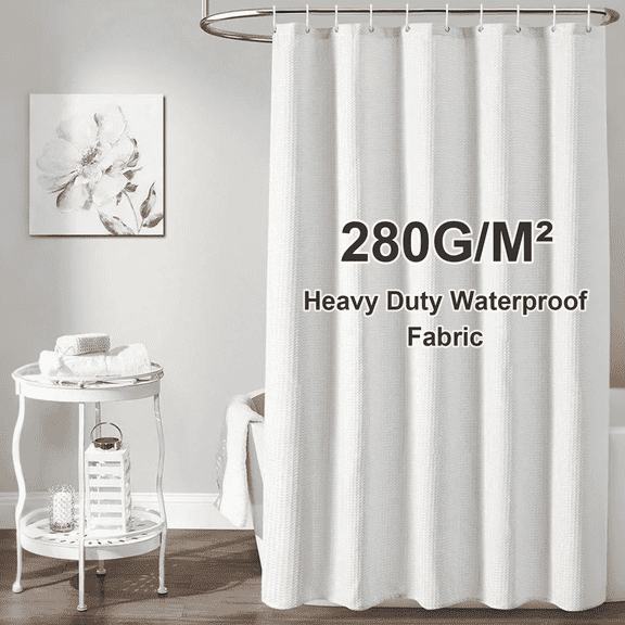 Arevtovis Shower Curtain with 12 Hooks, Waffle Weave Fabric Waterproof Mesh Window Bathroom Sunshade, 72"X72", White