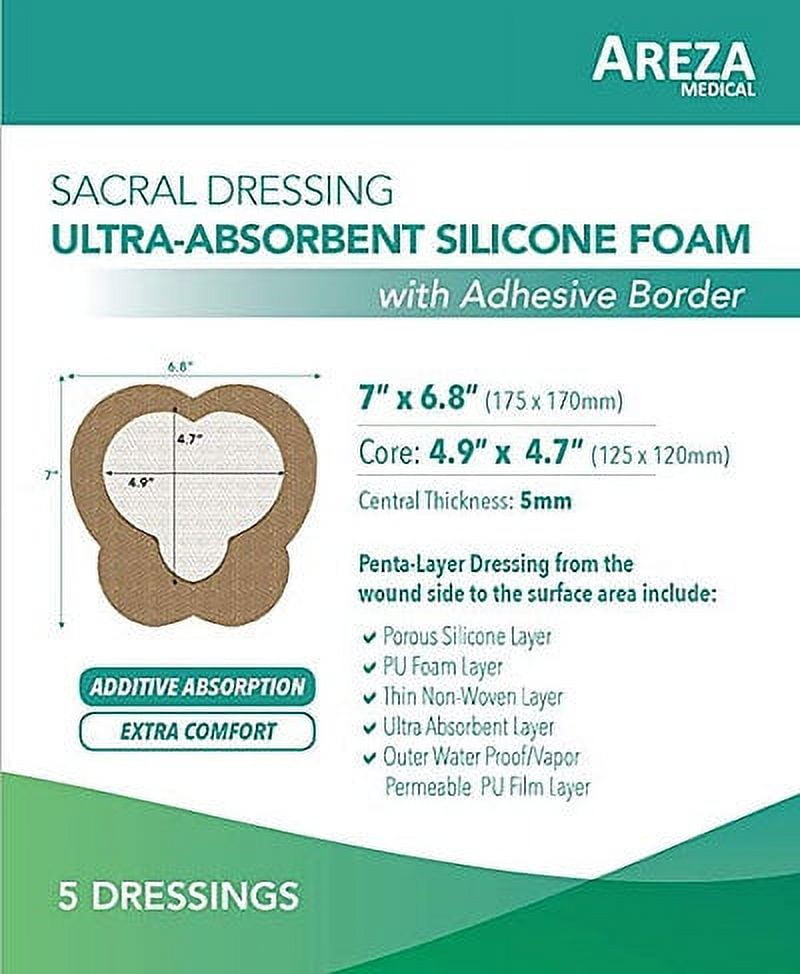 Areza Medical Sacral Silicone Superabsorbent Foam Dressing 7" X 7" Box of 5 Sterile Dressings
