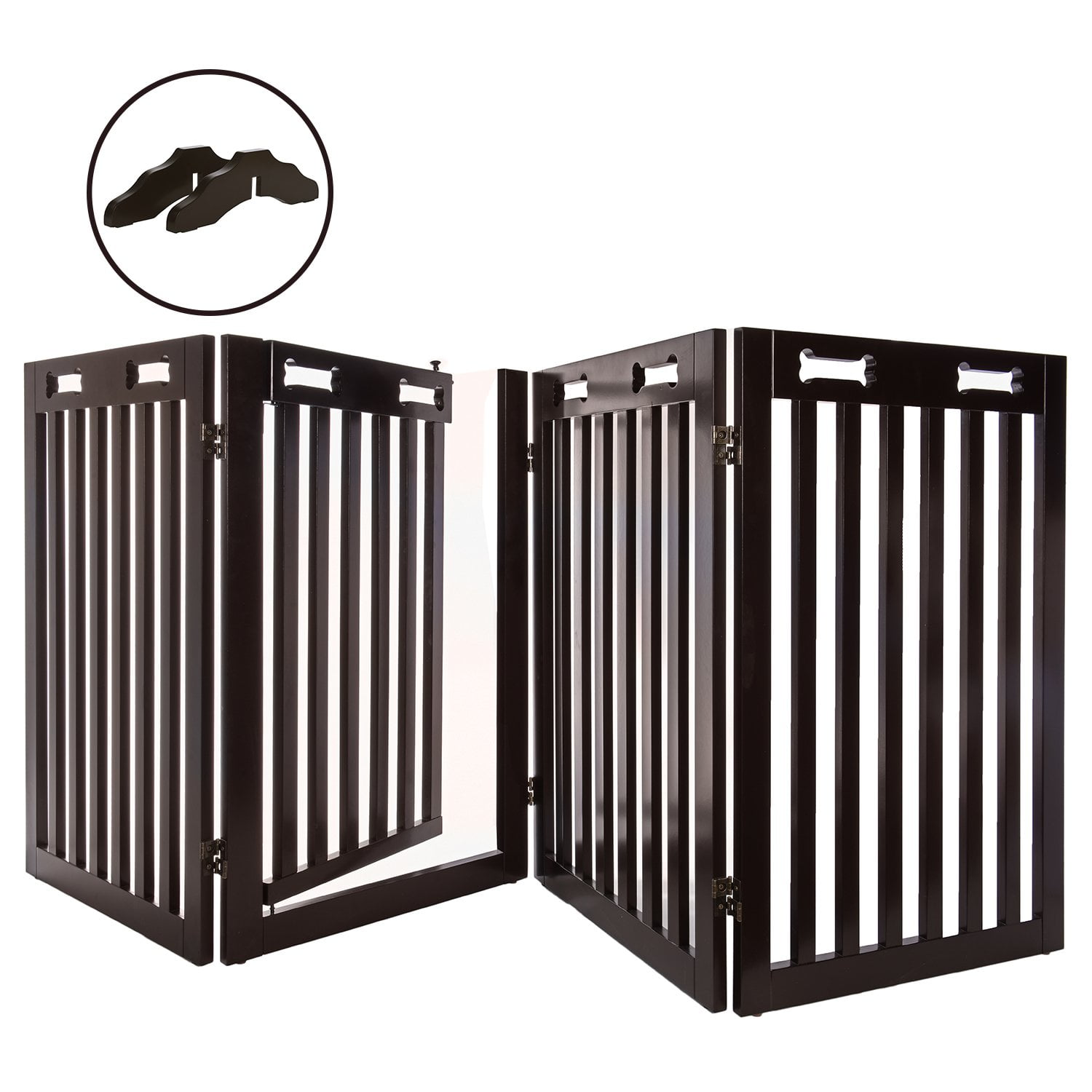 Dark Brown Freestanding Wood Dog Gate with Walkthrough Door