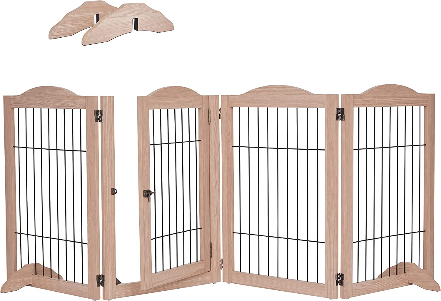 Light Brown 4-Panel Freestanding Wooden Dog Gate with Walkthrough Door