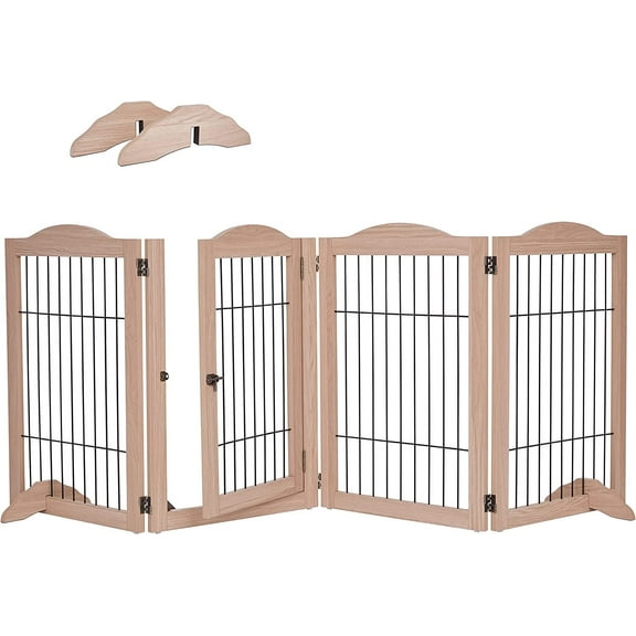 Arf Pets Wooden Dog Gate, 4-panel 360° configurable pet fence with door and support feet, 80" x 31.5"