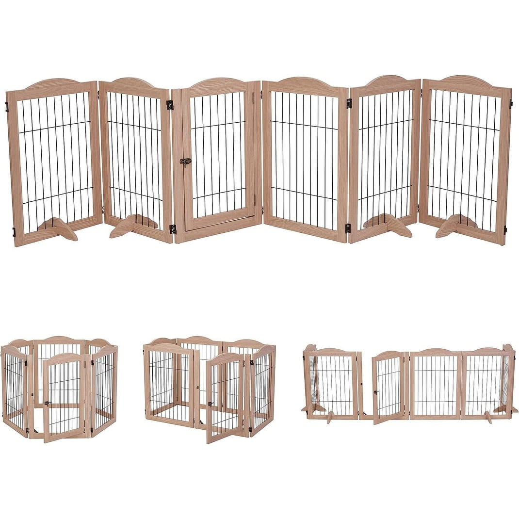 Walnut 6-Panel Freestanding Pet Gate with Door