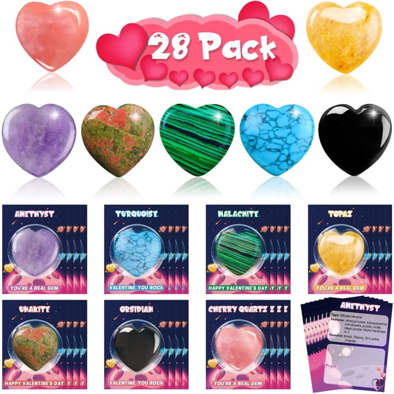 Arfun Valentines Day Gifts for Kids Classroom, 28 Valentines Cards Goodie Bags with Heart Stones, Valentine Exchange Party Favors Love Healing Crystal Gemstone Rocks for Girls Boys School Class C113