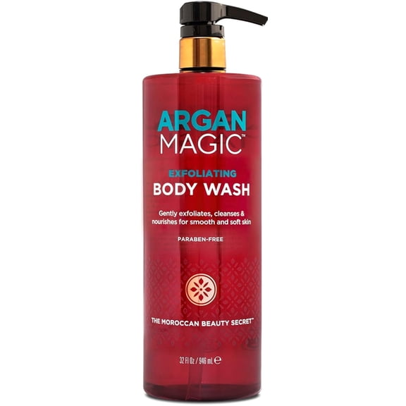 Argan Magic Exfoliating Body Wash - Exfoliates Cleanses Nourishes & Hydrates to Soften Skin - With Lactic Acid, Glycolic Acid, & Argan Oil, Gentle & Paraben Free (32 oz)