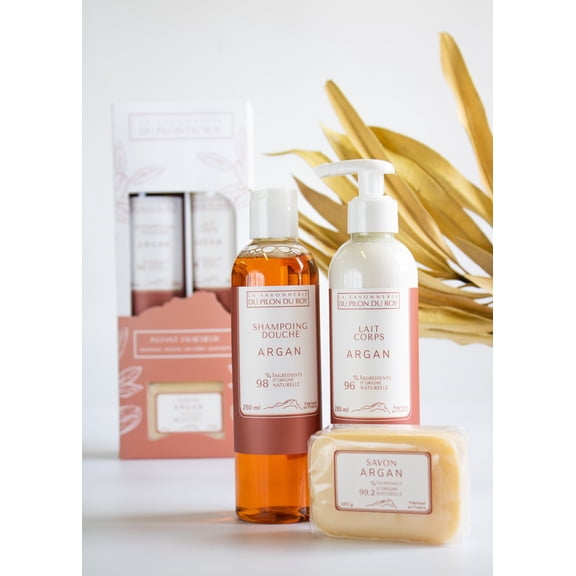 Argan Oil Coffret Gift-Box Set with Body Shower-Gel Body Milk and Soap Bar with Regenerative Vegetable Oil Hydrating and Nourishing Lotion for All Types of Skin by La Savonnerie du Pilon du Roy