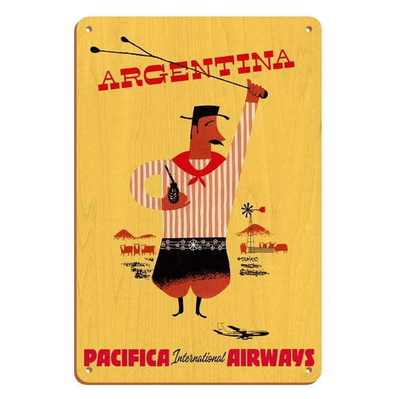 Argentina - Argentinean Gaucho (Cowboy) Mate Calabash Gourd Boleadoras - Pacifica International Airways - Vintage Airline Travel Poster c.1950s - 8 x 12 inch Vintage Wood Art Sign