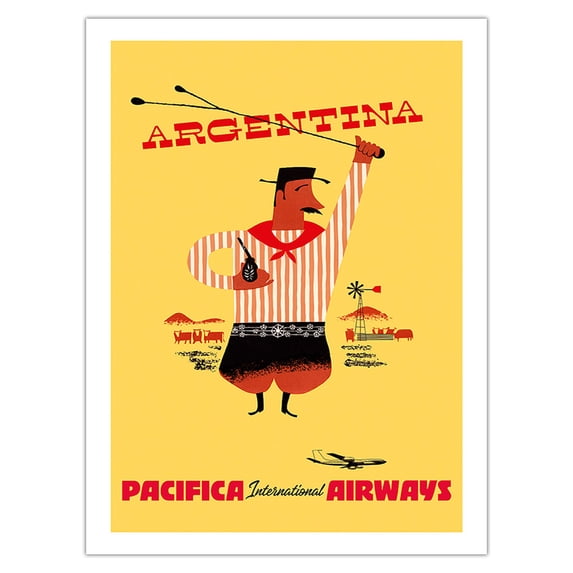 Argentina - Argentinean Gaucho (Cowboy) Mate Calabash Gourd Boleadoras - Pacifica International Airways - Vintage Airline Travel Poster c.1950s - Fine Art Matte Paper Print (Unframed) 24x32in
