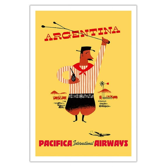 Argentina - Argentinean Gaucho (Cowboy) Mate Calabash Gourd Boleadoras - Pacifica International Airways - Vintage Airline Travel Poster c.1950s - Fine Art Matte Paper Print (Unframed) 30x44in