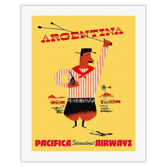 Argentina - Argentinean Gaucho (Cowboy) Mate Calabash Gourd Boleadoras - Pacifica International Airways - Vintage Airline Travel Poster c.1950s - Fine Art Rolled Canvas Print 20in x 26in