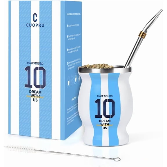 Argentina Captain No.10 Yerba Mate Gourd, Double-walled Stainless Steel Vacuum Insulated Mate Cup for Keep Hot/Ice Coffee, Water, Tea and Beer, with Bombilla Straw, Cleaning Brush
