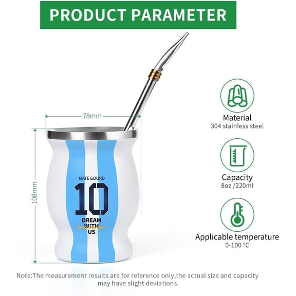 Argentina Captain No.10 Yerba Mate Gourd, Double-walled Stainless Steel Vacuum Insulated Mate Cup for Keep Hot/Ice Coffee, Water, Tea and Beer, with Bombilla Straw, Cleaning Brush