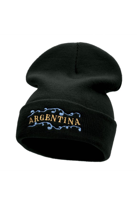 Argentina Embellishment Embroidered 12 Inch Long Knitted Beanie - Black OSFM