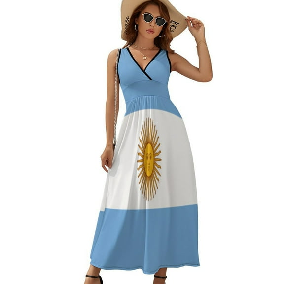Argentina Flag Womens Night Club Maxi Dress V Neck Sleeveless Bohemia Long Dresses