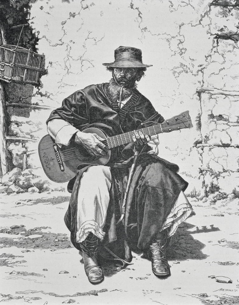 Argentina Gaucho Playing The Guitar Mid 19Th Century Engraving Canvas Art - Ken Welsh Design Pics (12 x 16)