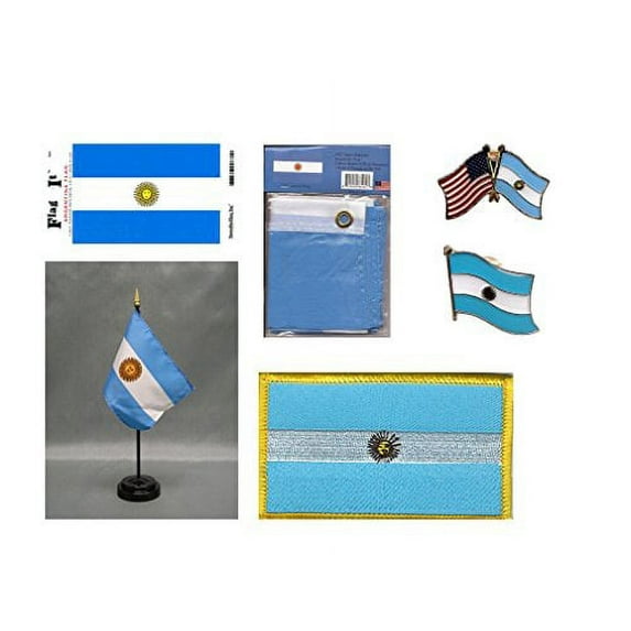 Argentina Heritage Flag Pack - Includes a Argentine 3x5' Flag, Vinyl Flag Decal, One Single & One Double Friendship Flag Lapel Pin, Miniature Desk Flag with Stand & One Iron-On Flag Patch