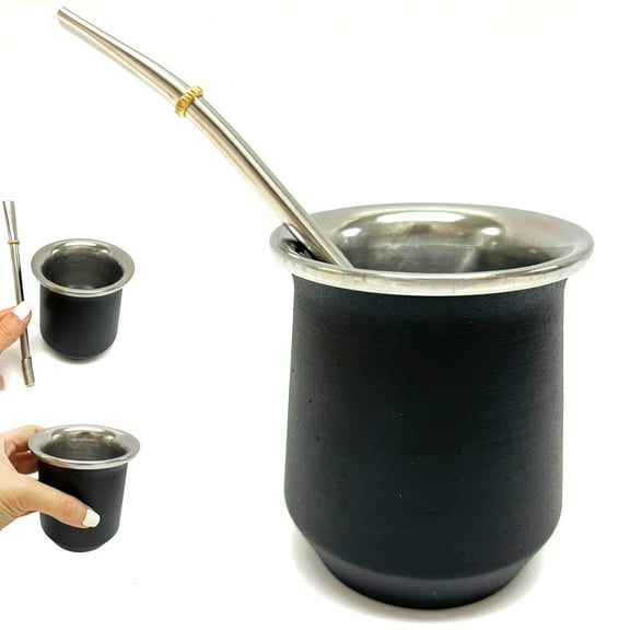 Argentina Mate Tea Cup Double Wall Bombilla Straw Set Stainless Steel Gourd Blk