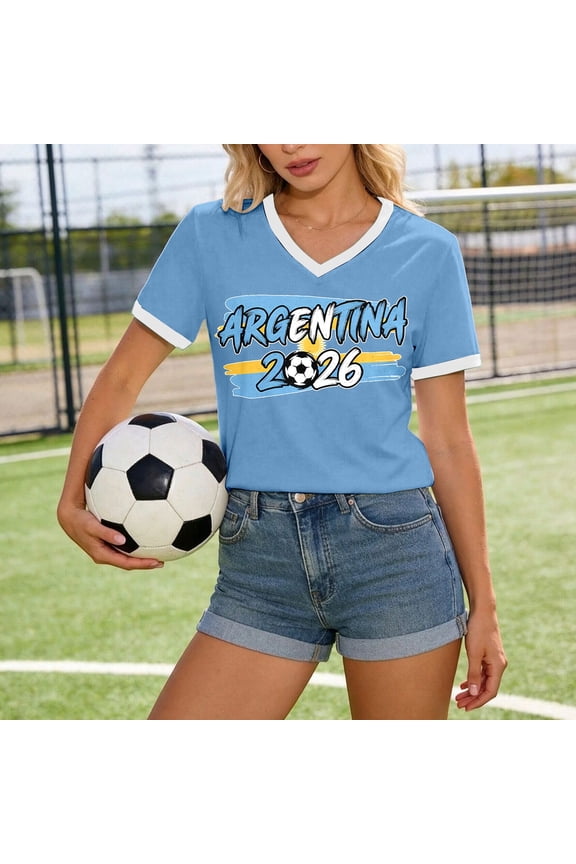 Argentina Shirt for Women Soccer Short Sleeve Shirts Argentina Contrast Binding V Neck Plus Tee Tops