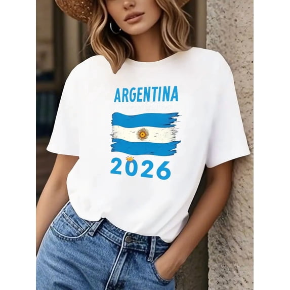 Argentina Soccer Pride 2026 Women'S T-Shirt - White with Blue & Yellow Stripes, "Argentina 2026" Print, Casual Short Sleeve Tee for Soccer Fans, All-Season Comfort, Soccer Fan