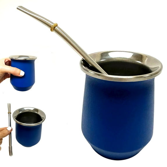 Argentina Yerba Mate Cup Gourd Stainless Steel Bombilla Straw Double Wall Blue