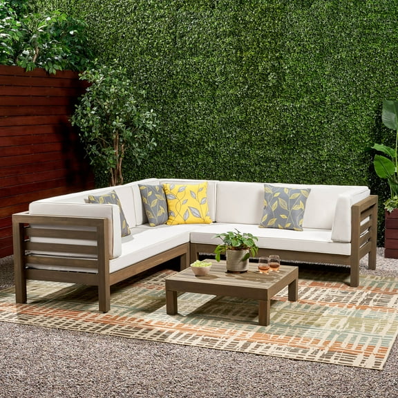 Argentine 4 Piece Outdoor Wooden Sectional Set with Cushions, Grey Finish, White
