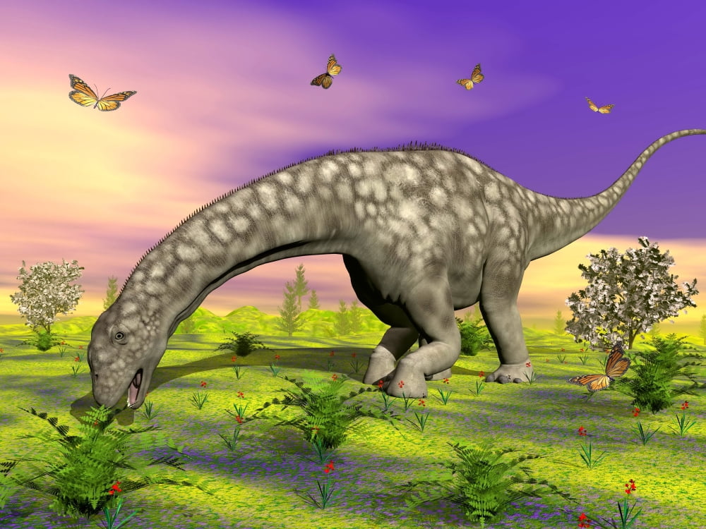 Argentinosaurus eating plants while surrounded by butterflies and flowers Canvas Art - Elena DuvernayStocktrek Images (33 x 25)