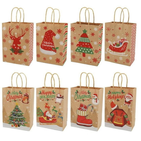 Arghm 24-Pack Christmas Gift Bags, Small Kraft Gift Bags with Handles, Christmas Themed for Parties
