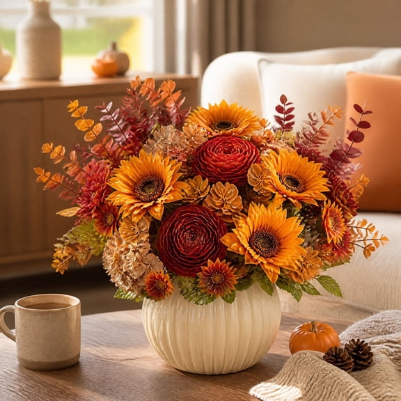 Arghm Artificial Fall Flowers Bouquet Set - Sunflower Peony Mixed Floral Arrangement for Home Decor, Wedding Centerpieces, Thanksgiving and Seasonal Celebration