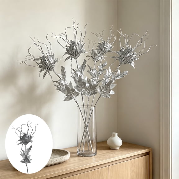 Arghm Artificial Silver Flower Stems - Metallic Faux Rose Branches with Bendable Stems for Home Decor, Wedding Party, Centerpieces, and Table Arrangements