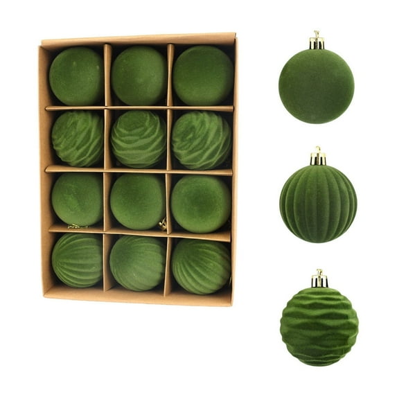 Arghm Flocked Christmas Ornaments,12pc Luxury Tree Decor Set,Velvet Finish,Light Green