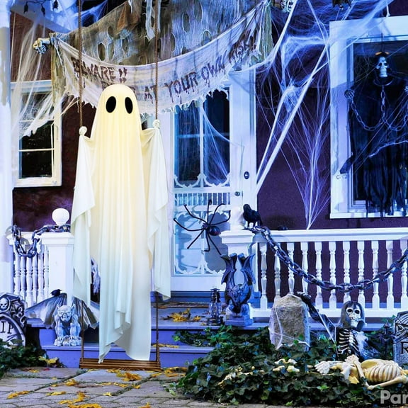 Arghm Spooky White Weatherproof Ghost Swing Decoration,Hanging Fabric Ghost Ornament,Outdoor Halloween Ghost Decor with Wooden Base for Yard on Porch at Garden Party