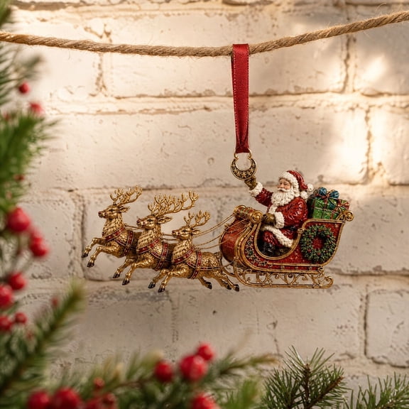 Arghm Vintage Santa Sleigh & Reindeer Christmas Ornament - 2D Acrylic Holiday Pendant with Gifts - Perfect Decoration for Home, Tree, Shop, and Cabin - Exquisite Detail Design for Festive Cheer
