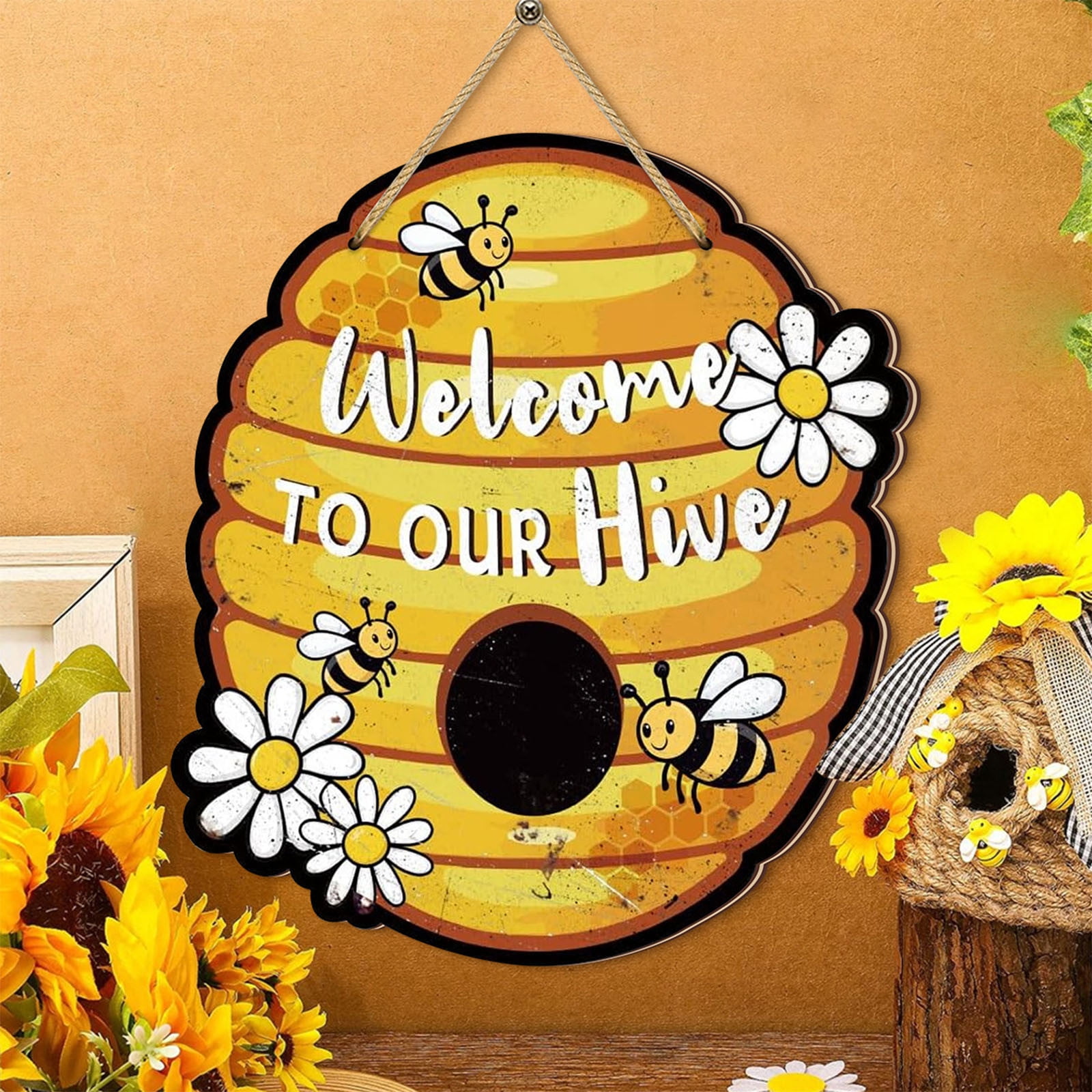Arghm Wooden Welcome Sign,Yellow Honeycomb Wall Decor,Hive Theme Home ...