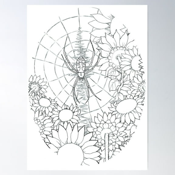 Argiope (Yellow Orb Weaver) And Sunflowers (B&W) Poster Wall Art, Modern Wall Decor For Living Room Bedroom, 12x18 UNFRAMED