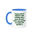 thumbnail image 1 of 3dRose, Arguing With An Engineer Is Like Wrestling A Pig Green, 15oz Two-Tone Blue Mug, 1 of 7
