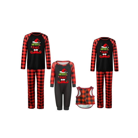 Argulvti Christmas Pajamas for Family Long Sleeve Cartoon Print Tops + Plaid Trousers Set Holiday Nightwear