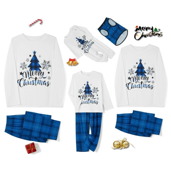 Argulvti Family Matching Christmas Pajamas, Christmas TreeLetter Print Long-Sleeved Tops + Plaid Trousers Sleepwear Outfits