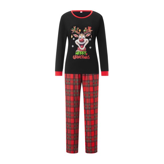 Argulvti Family Matching Pajamas Christmas Elk Print Long Sleeve Tops and Elastic Plaid Pants Set for Loungewear Soft Sleepwear