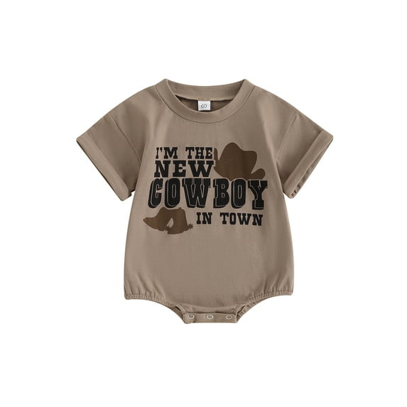Argulvti Western Baby Cotton Romper Casual Short Sleeve Round Neck Boots Hat Print Bodysuit Playsuit